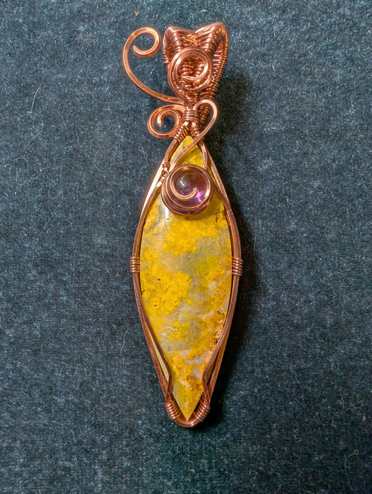 Bumblebee Jasper and Amethyst Wire Wrapped Pendant