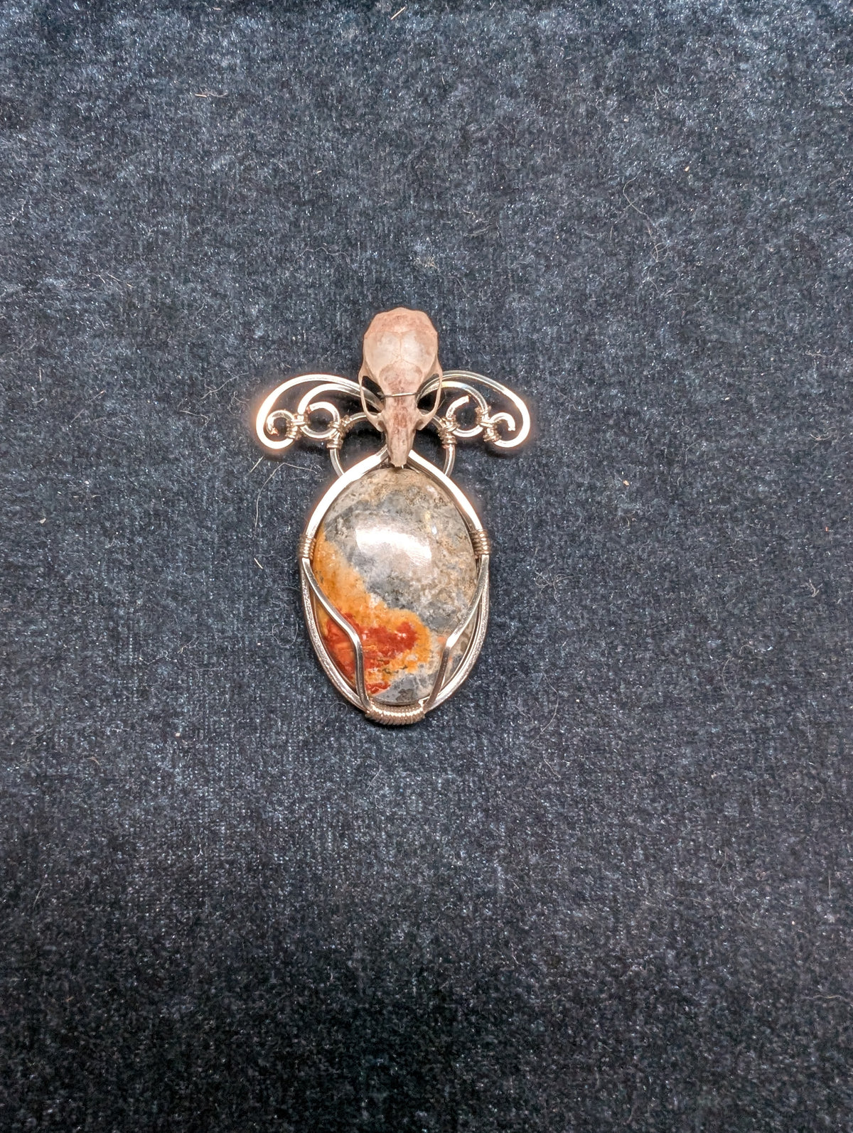 Grey and Orange Agate and Mouse Skull Wire Wrapped Pendant