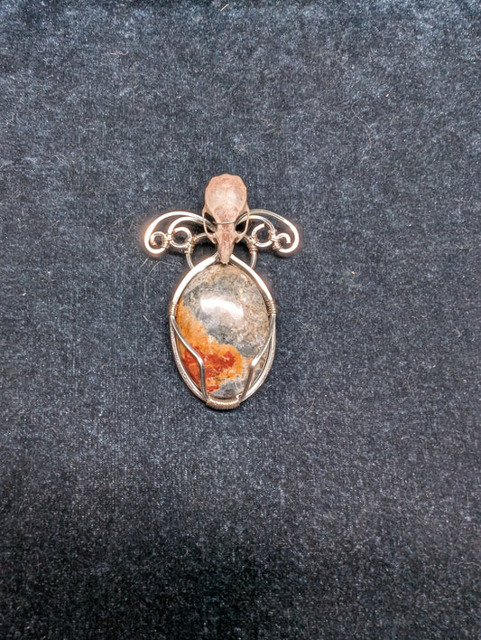 Grey and Orange Agate and Mouse Skull Wire Wrapped Pendant