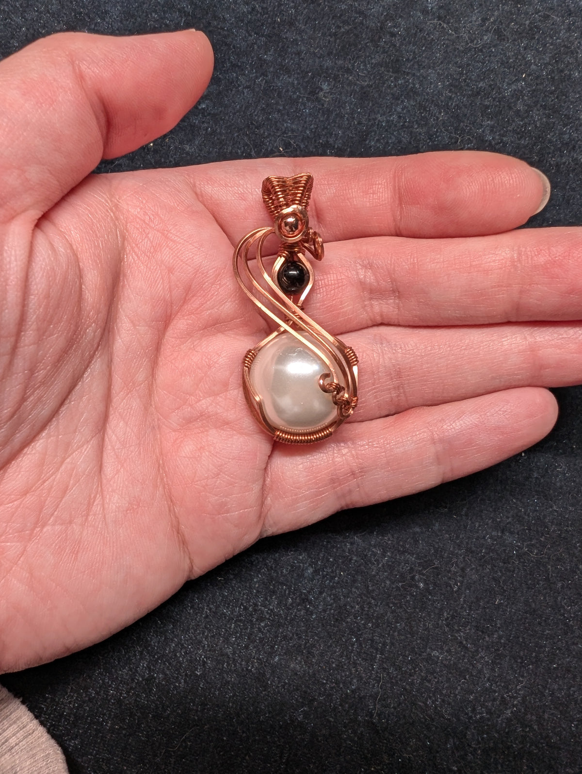 "Duet" Acrylic Pearl and Obsidian Wire Wrapped Pendant