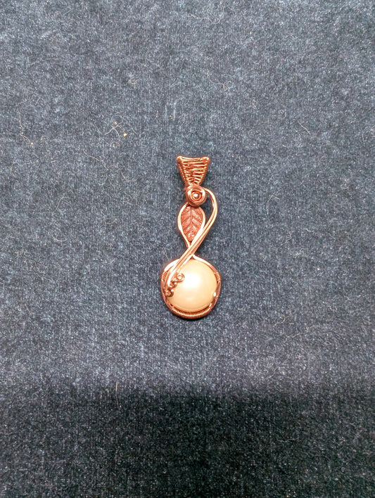 "Duet" Acrylic Pearl and Goldstone Leaf Wire Wrapped Pendant