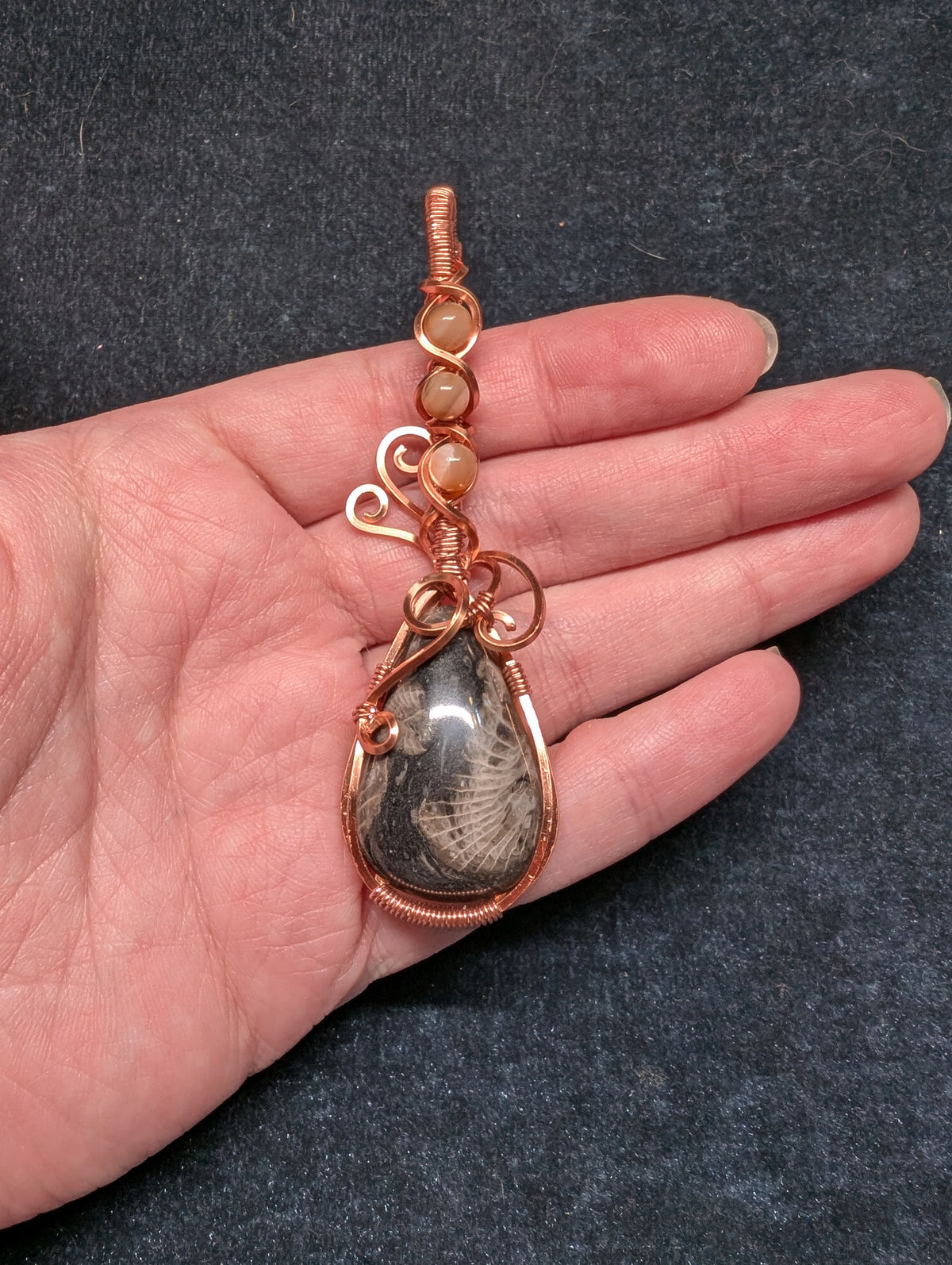 Fossil Stone and Mother of Pearl Wire Wrapped Pendant