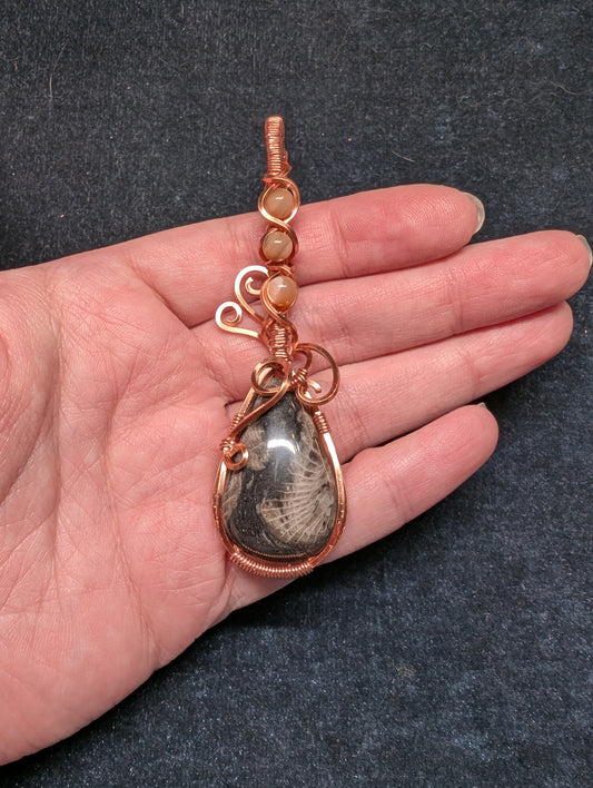 Fossil Stone and Mother of Pearl Wire Wrapped Pendant