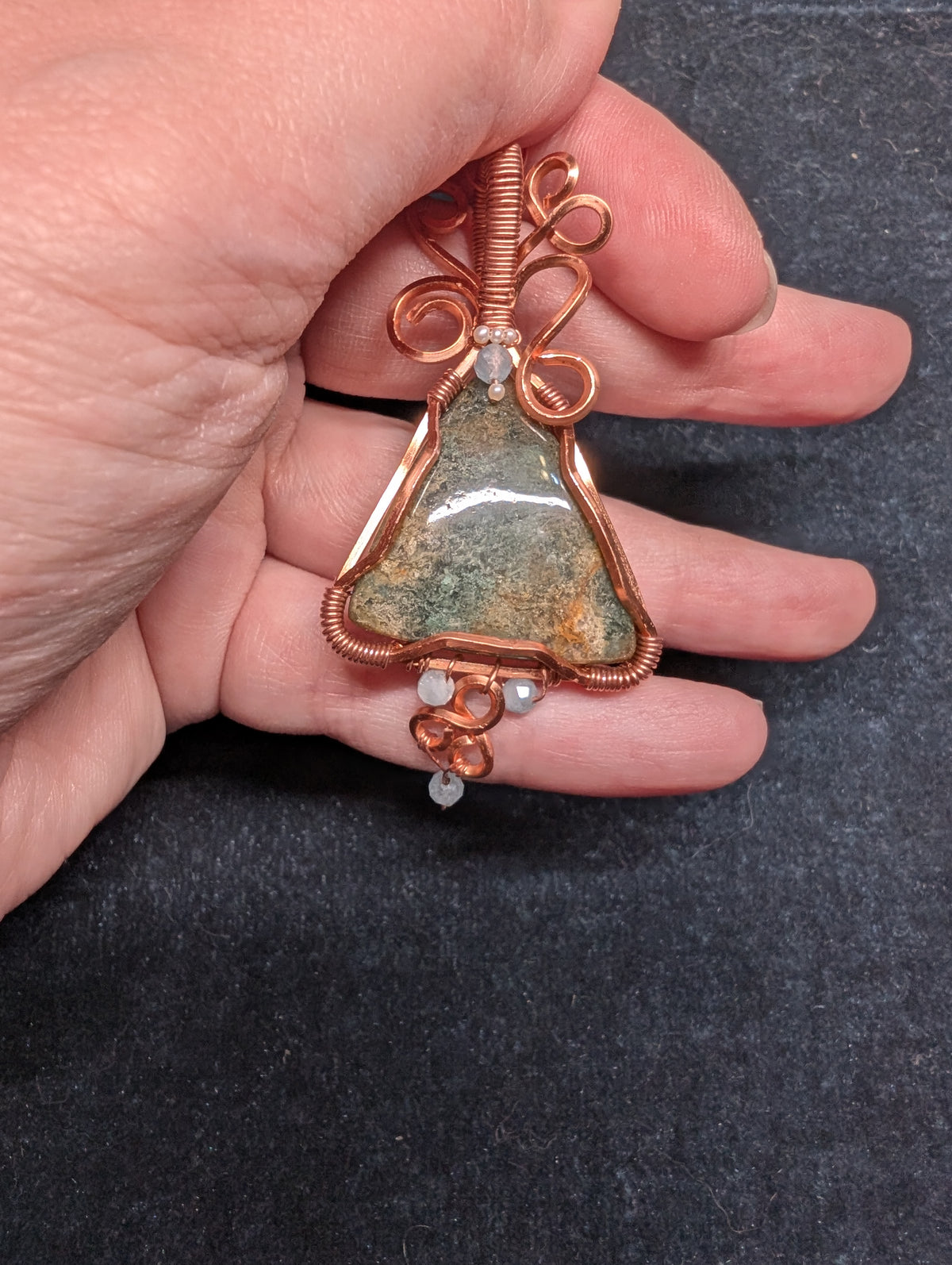 Ocean Jasper, Aquamarine, and Pearl Wire Wrapped Pendant