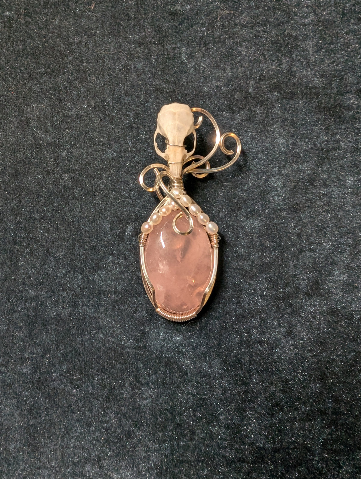 Rose Quartz, Pearl, and Mouse Skull Wire Wrapped Pendant