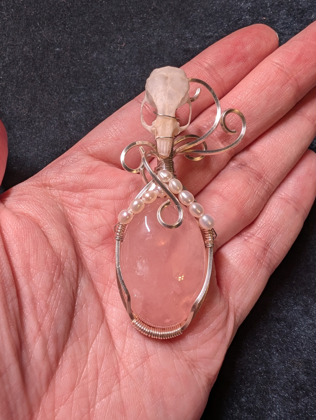 Rose Quartz, Pearl, and Mouse Skull Wire Wrapped Pendant