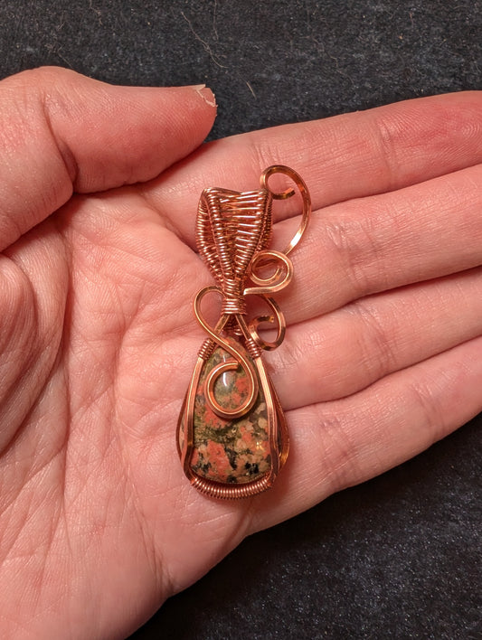 Unakite Teardrop Wire Wrapped Pendant